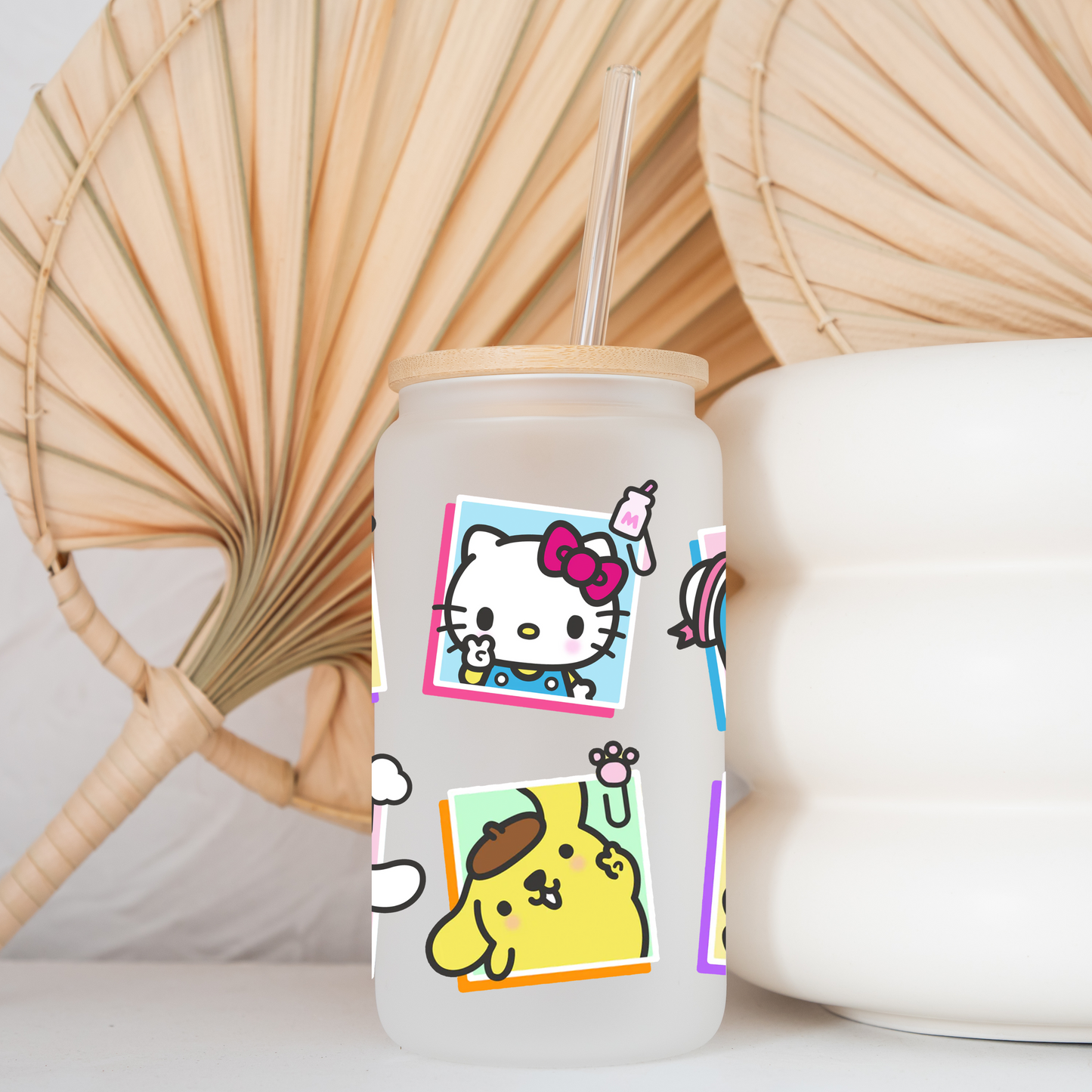 Sanrio Friendship Anime 16oz Beer Can Glass with Straw and Lid
