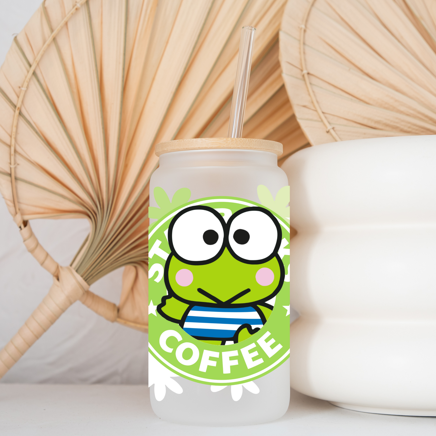 Keroppi with Flowers Anime 16oz Beer Can Glass with Straw and Lid