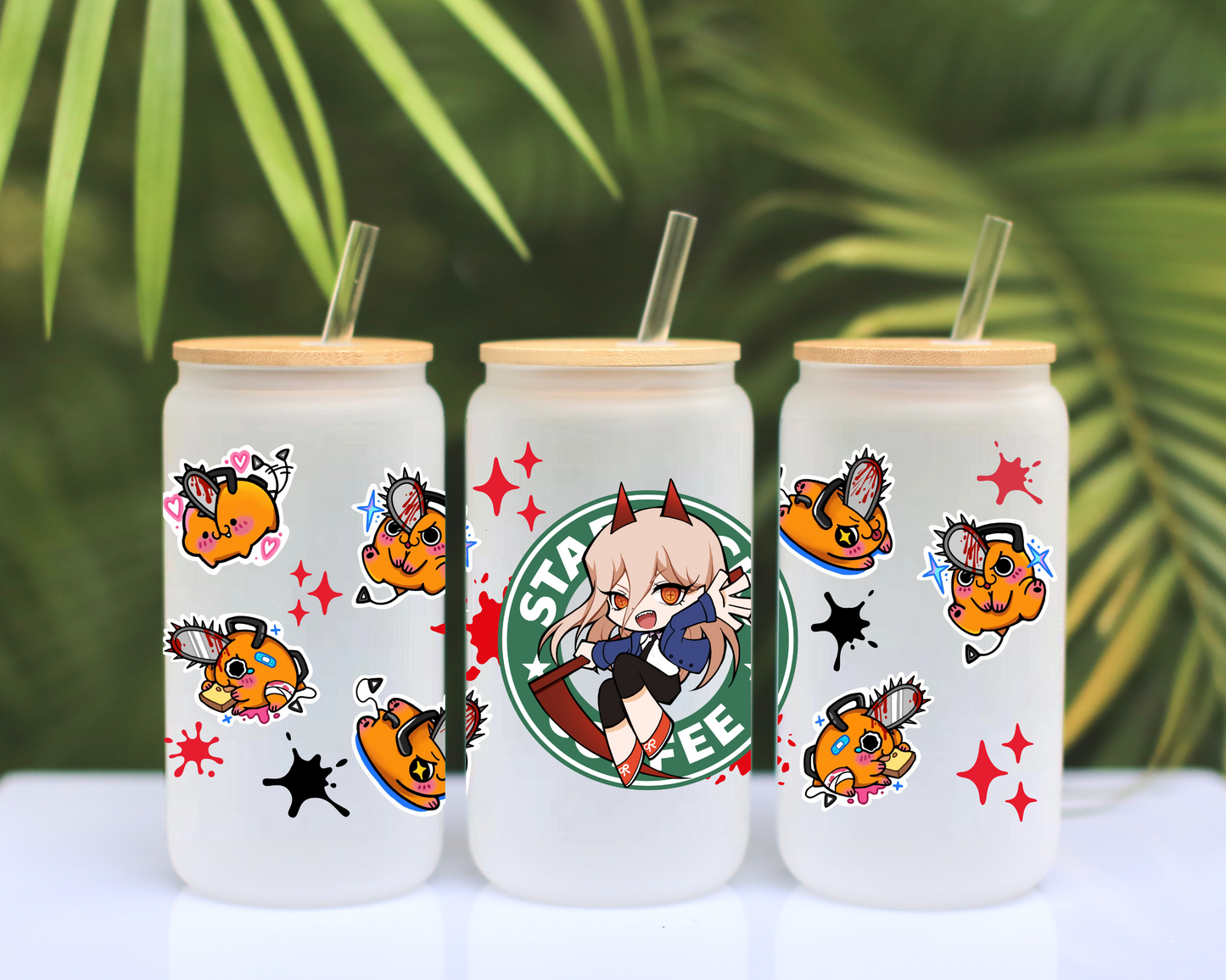 Chainsaw Man-Power Anime 16oz Beer Can Glass with Straw and Lid