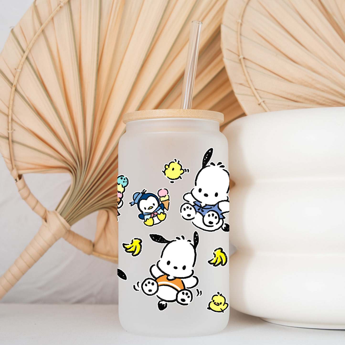 Pochacco Anime 16oz Beer Can Glass with Straw and Lid