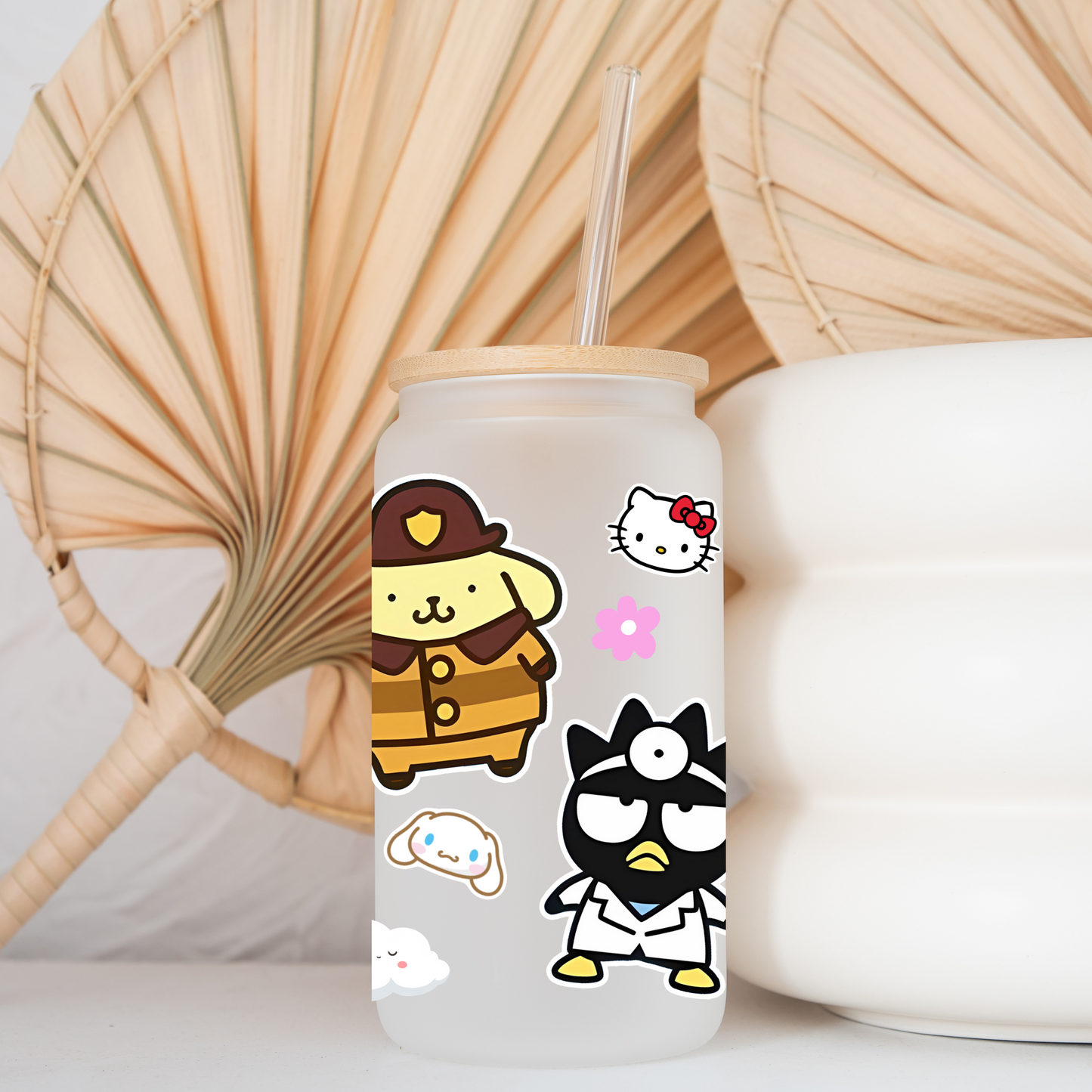 Sanrio-Sanrio family Anime 16oz Beer Can Glass with Straw and Lid