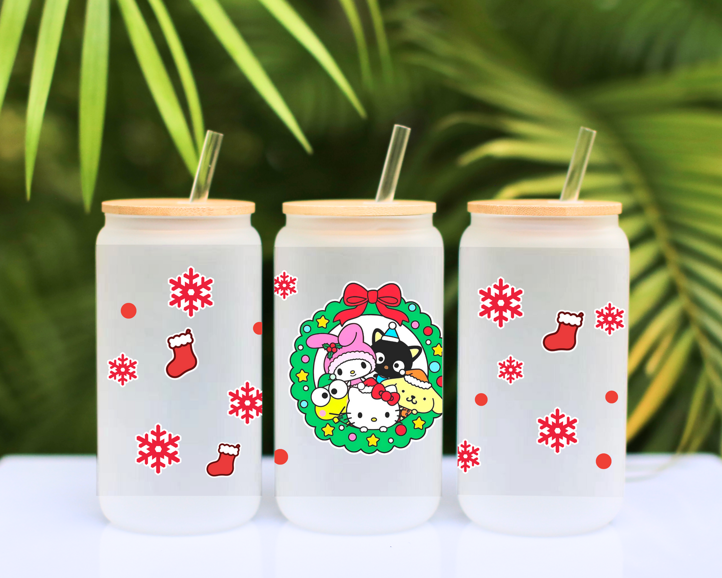 Sanrio family Christmas Anime 16oz Beer Can Glass with Straw and Lid