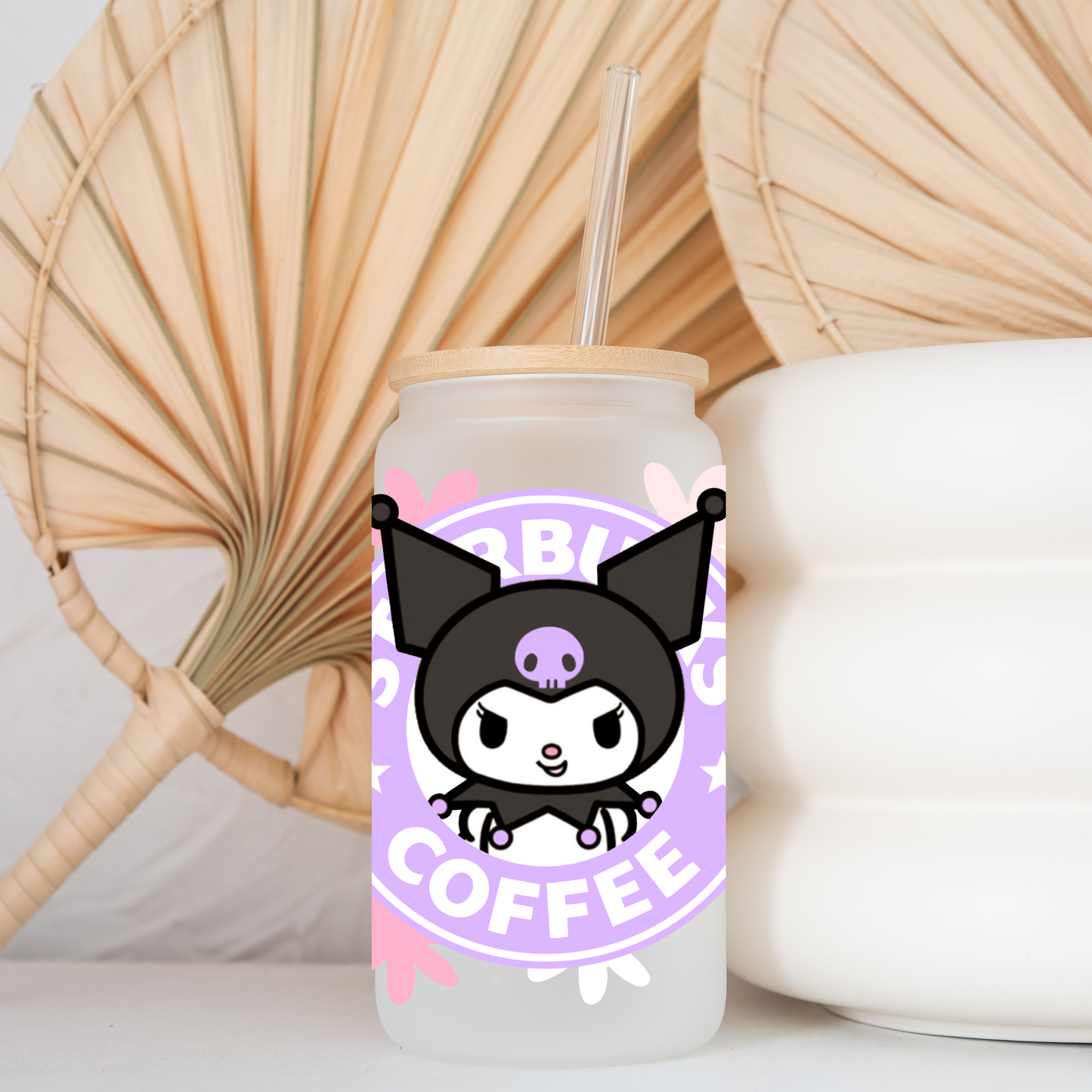 Kuromi with Flowers Anime 16oz Beer Can Glass with Straw and Lid