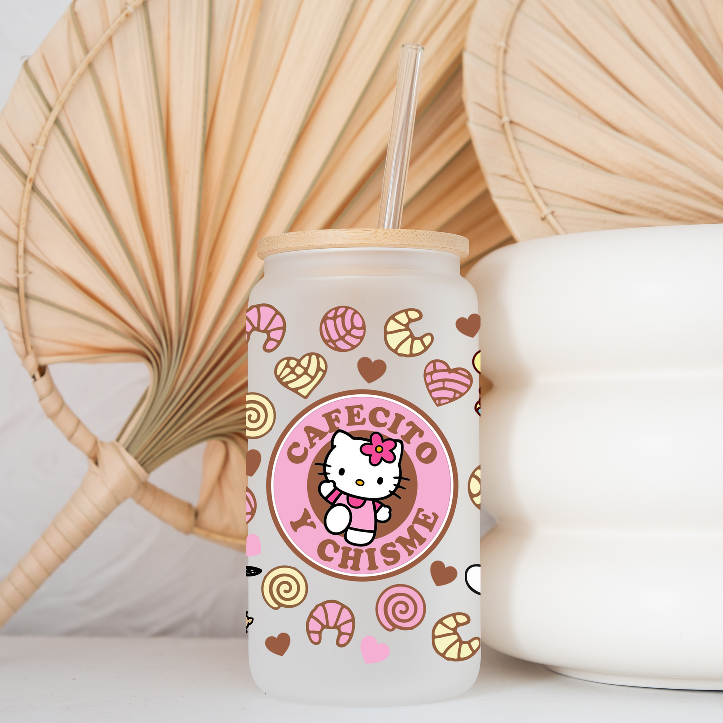 Hello Kitty Cafecito cup Anime 16oz Beer Can Glass with Straw and Lid