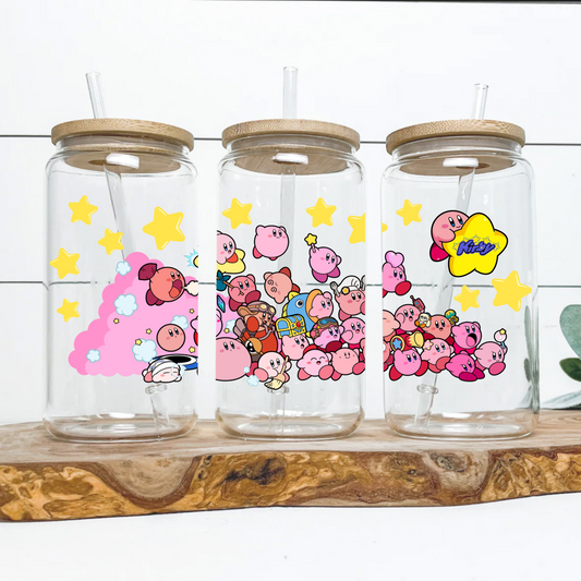 Kirby with Stars Anime 16oz Beer Can Glass with Straw and Lid