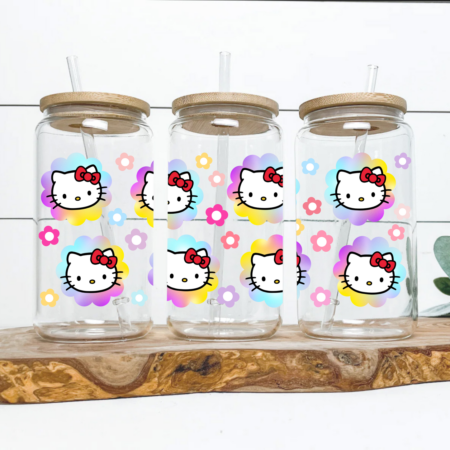 Hello Kitty Rainbow Flowers Anime 16oz Beer Can Glass with Straw and Lid