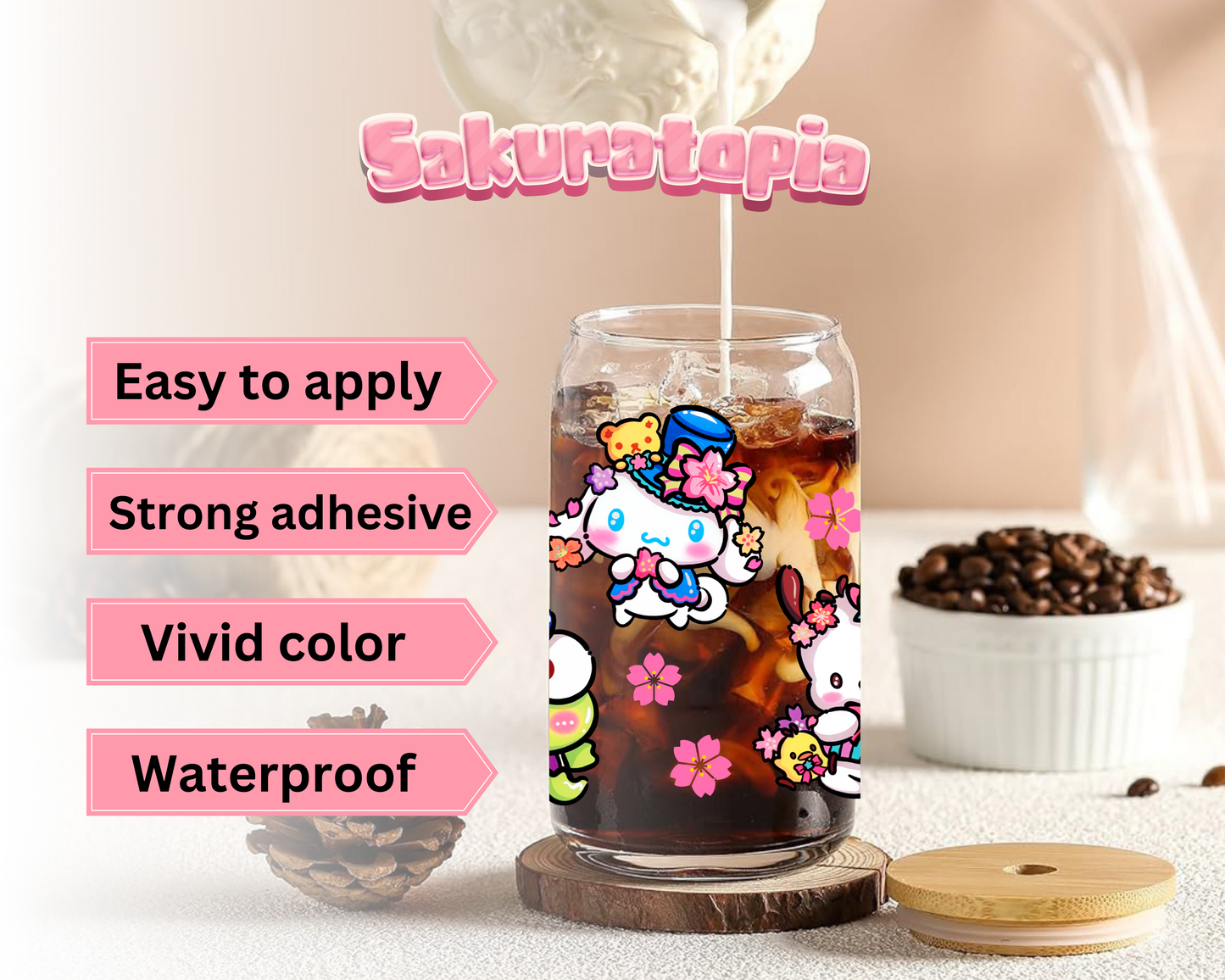 UVDTF Sanrio Anime Cup Wrap, Ready to Use Glass Cup UVDTF transfers for Glass Can | Ready to Apply UVDTF wraps for Libbey Glass