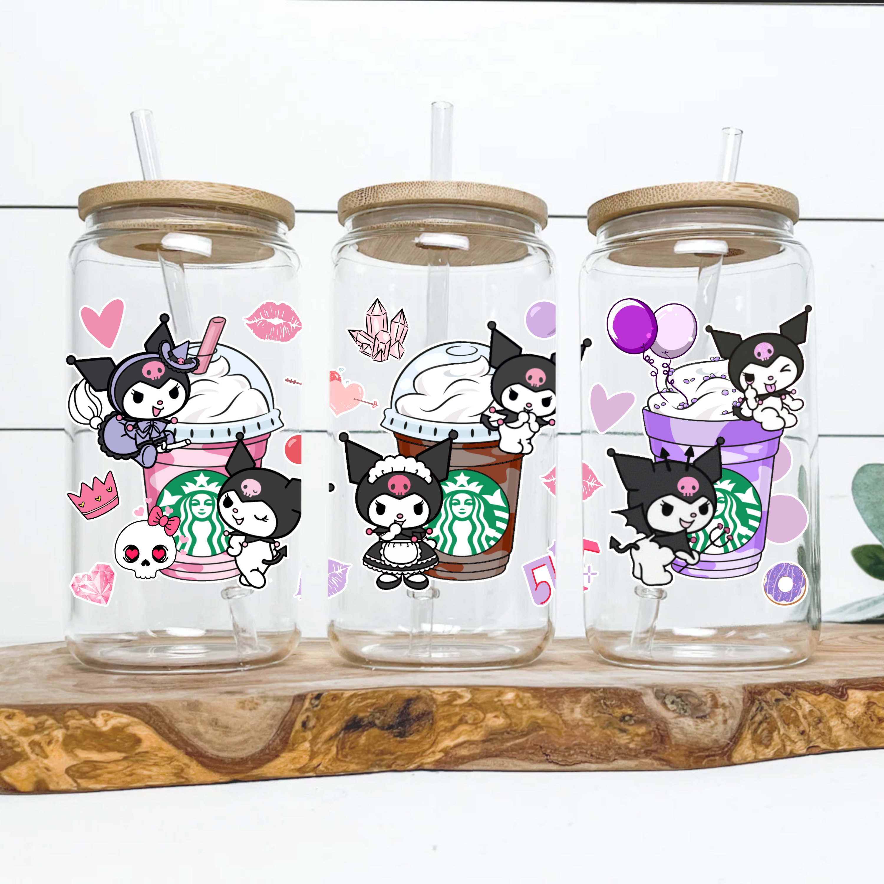 Kuromi Frosted Glass Can with bamboo lid and straw