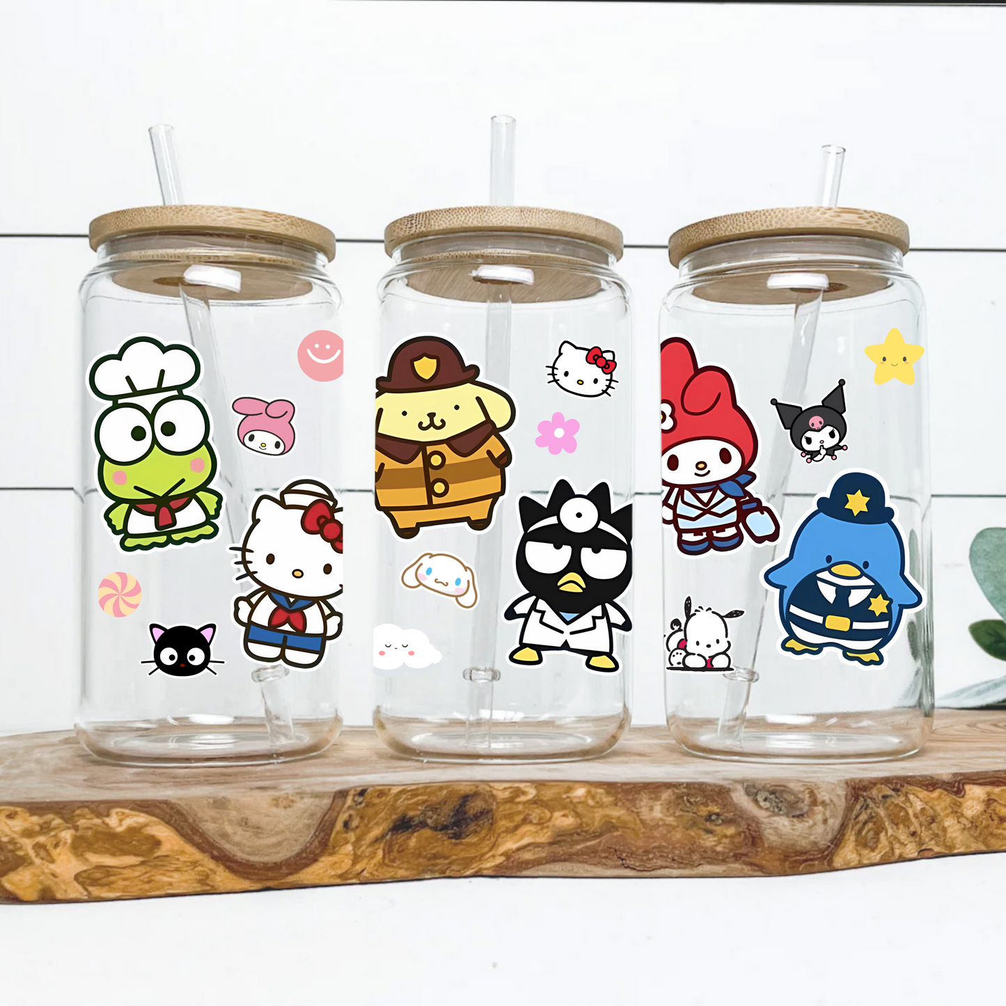 Sanrio-Sanrio family Anime 16oz Beer Can Glass with Straw and Lid