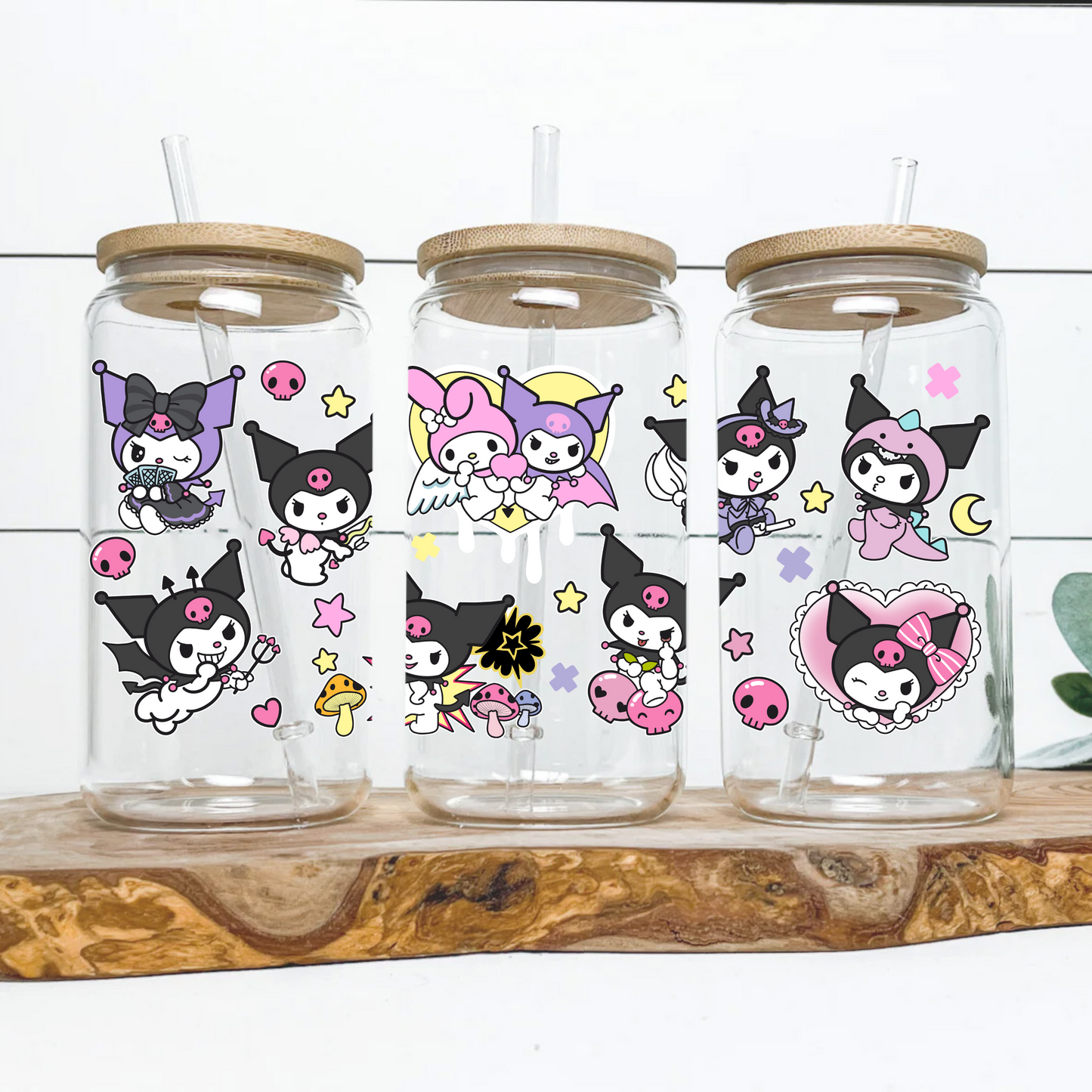 Kuromi & Melody love hearts Anime 16oz Beer Can Glass with Straw and Lid
