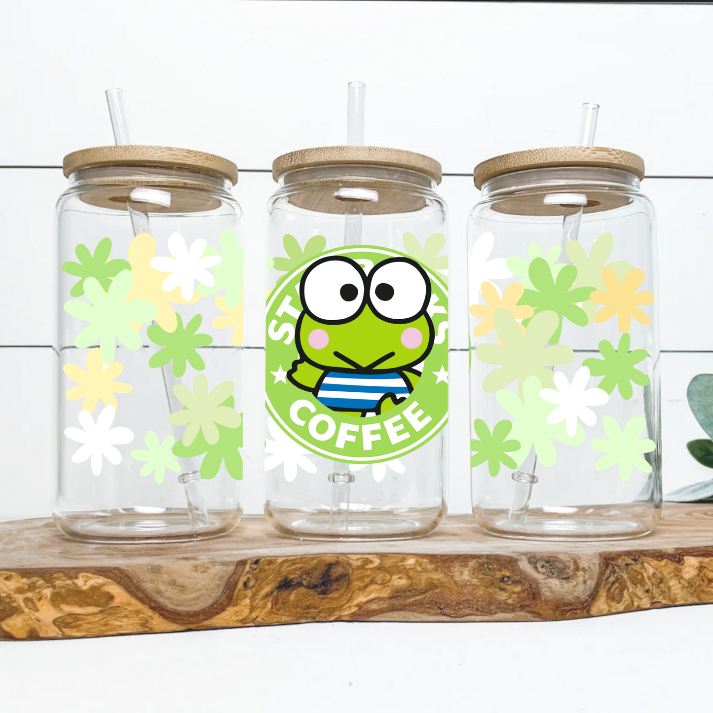 Keroppi with Flowers Anime 16oz Beer Can Glass with Straw and Lid