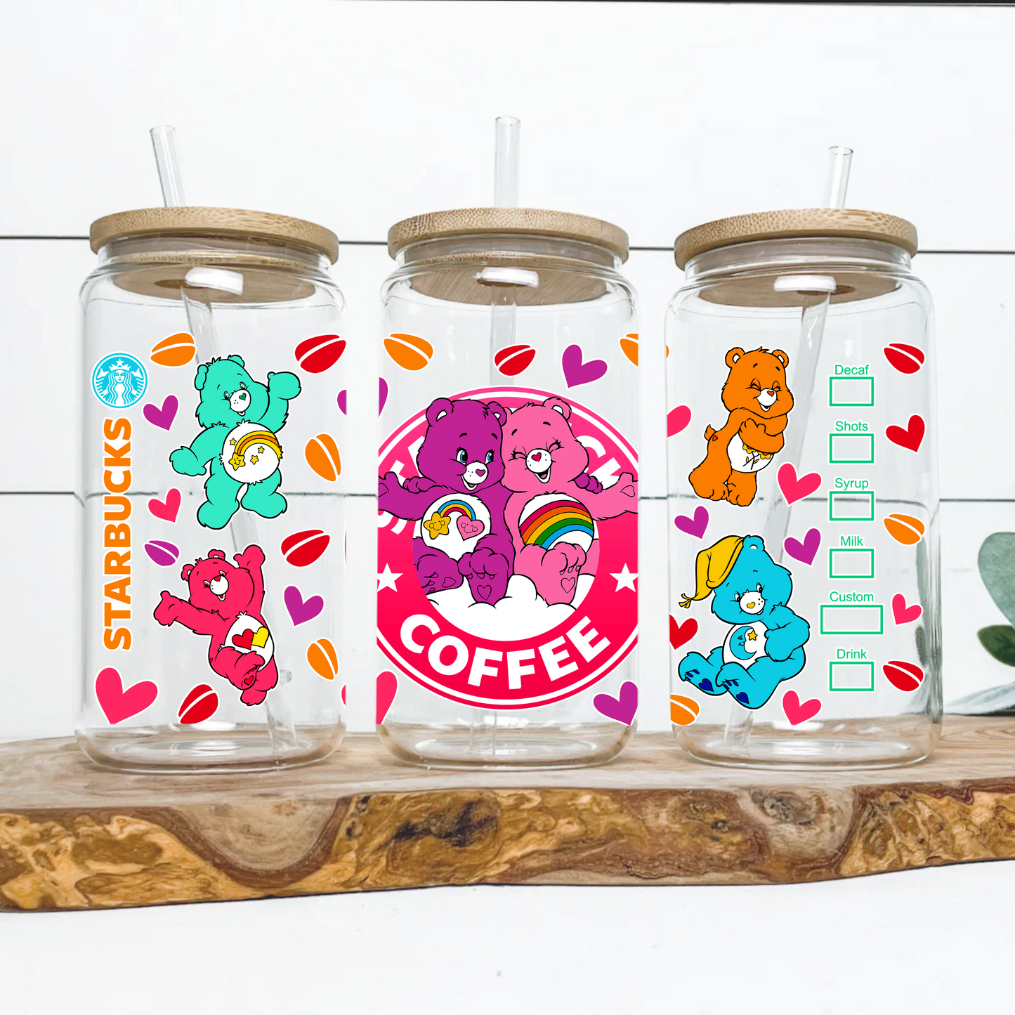 Care Bear Starbucks Coffee Anime 16oz Beer Can Glass with Straw and Lid