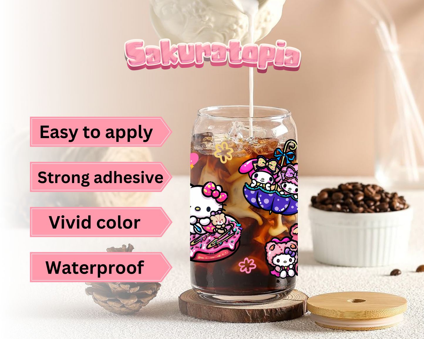 UVDTF Sanrio Anime Cup Wrap, Ready to Use Glass Cup UVDTF transfers for Glass Can | Ready to Apply UVDTF wraps for Libbey Glass