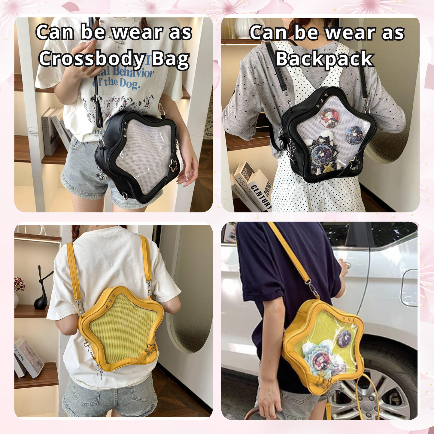 Yellow Star ITA backpack, kawaii star bag, ita backpack, enamel pin ita bag, PU leather ita bag, cosplay bag, anime convention ita bag