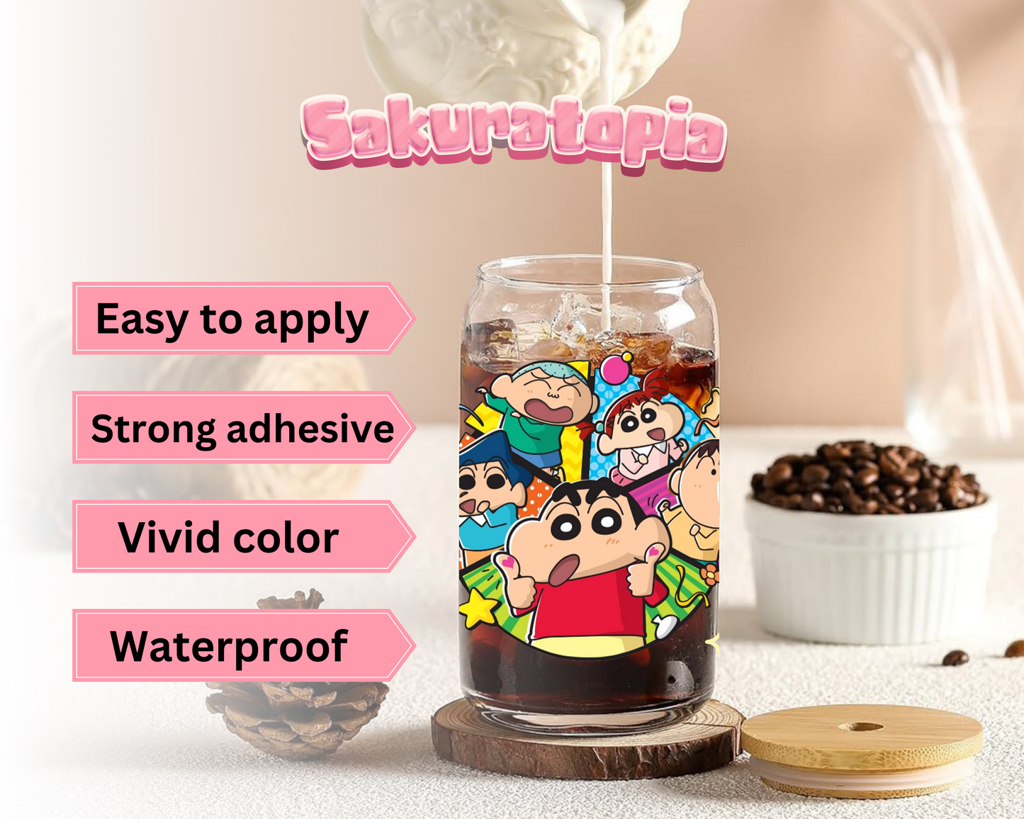 UVDTF Crayon Shin-chan Anime Cup Wrap, Ready to Use Glass Cup UVDTF transfers for Glass Can | Ready to Apply UVDTF wraps for Libbey Glass