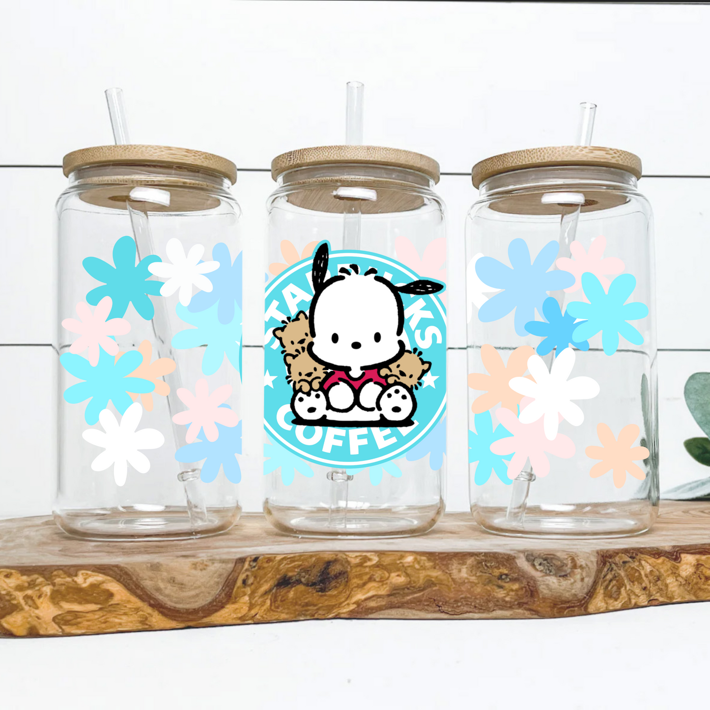 Pochacco with flowers Anime 16oz Beer Can Glass with Straw and Lid