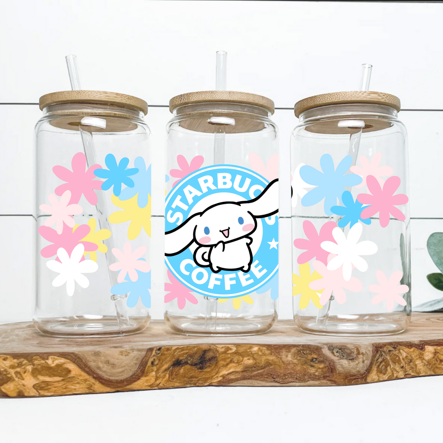 Cinnamoroll with Flowers Anime 16oz Beer Can Glass with Straw and Lid