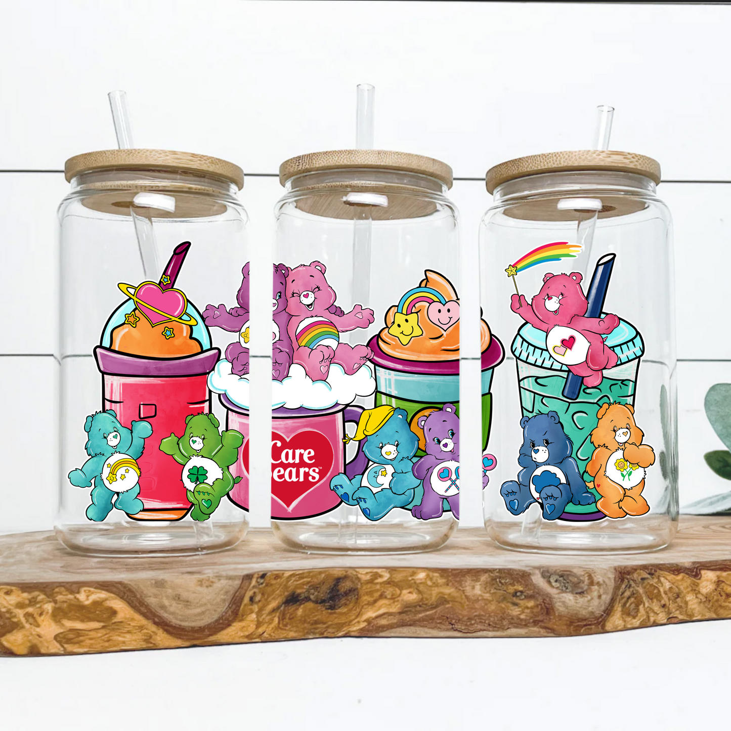 Care Bear Rainbow Coffee cup Anime 16oz Beer Can Glass with Straw and Lid
