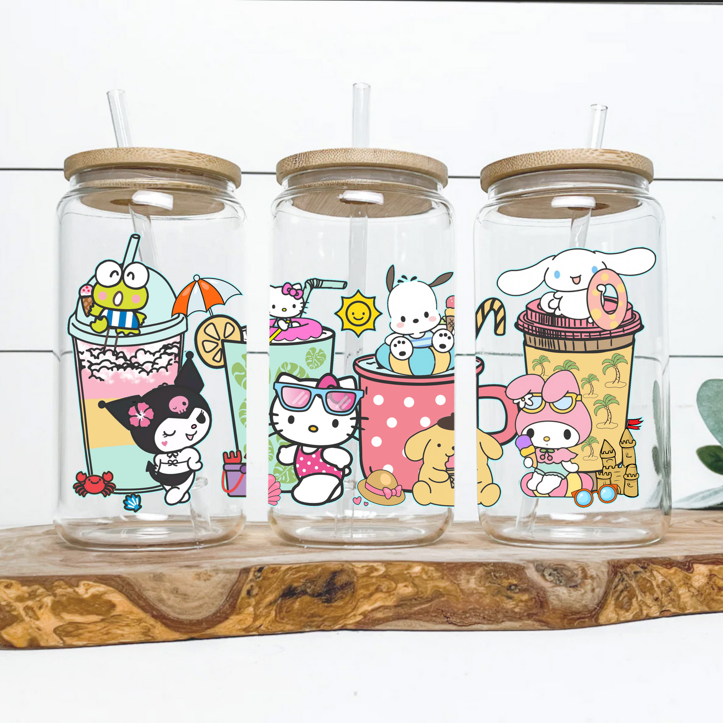 Sanrio Summer Time Anime 16oz Beer Can Glass with Straw and Lid