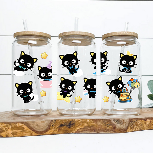 Chococat Anime 16oz Beer Can Glass with Straw and Lid