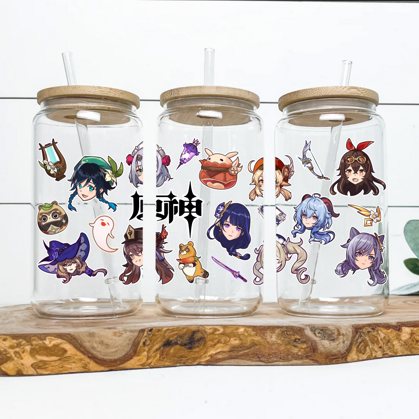 Genshin Impact Anime 16oz Beer Can Glass with Straw and Lid