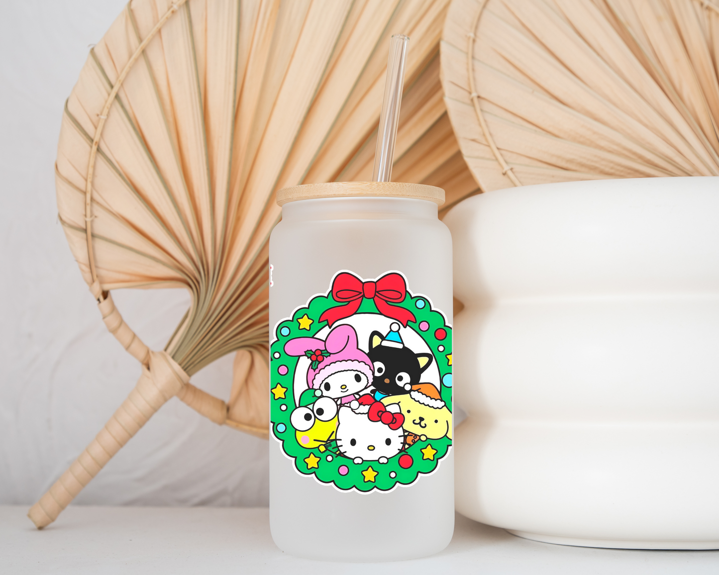 Sanrio family Christmas Anime 16oz Beer Can Glass with Straw and Lid