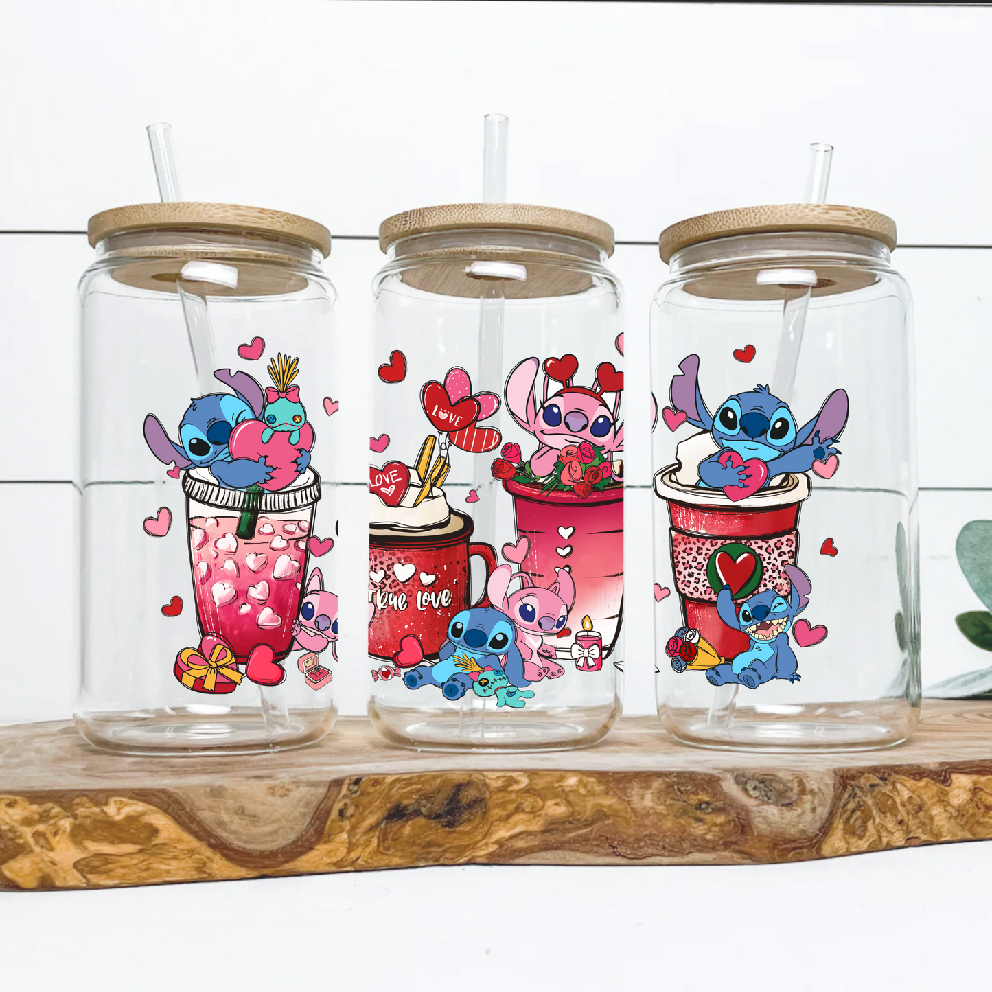 Disney Stitch Love Coffee Cup Anime 16oz Beer Can Glass with Straw and Lid