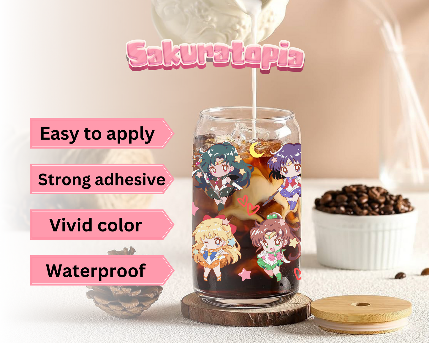 UVDTF Sailor Moon Anime Cup Wrap, Ready to Use Glass Cup UVDTF transfers for Glass Can | Ready to Apply UVDTF wraps for Libbey Glass