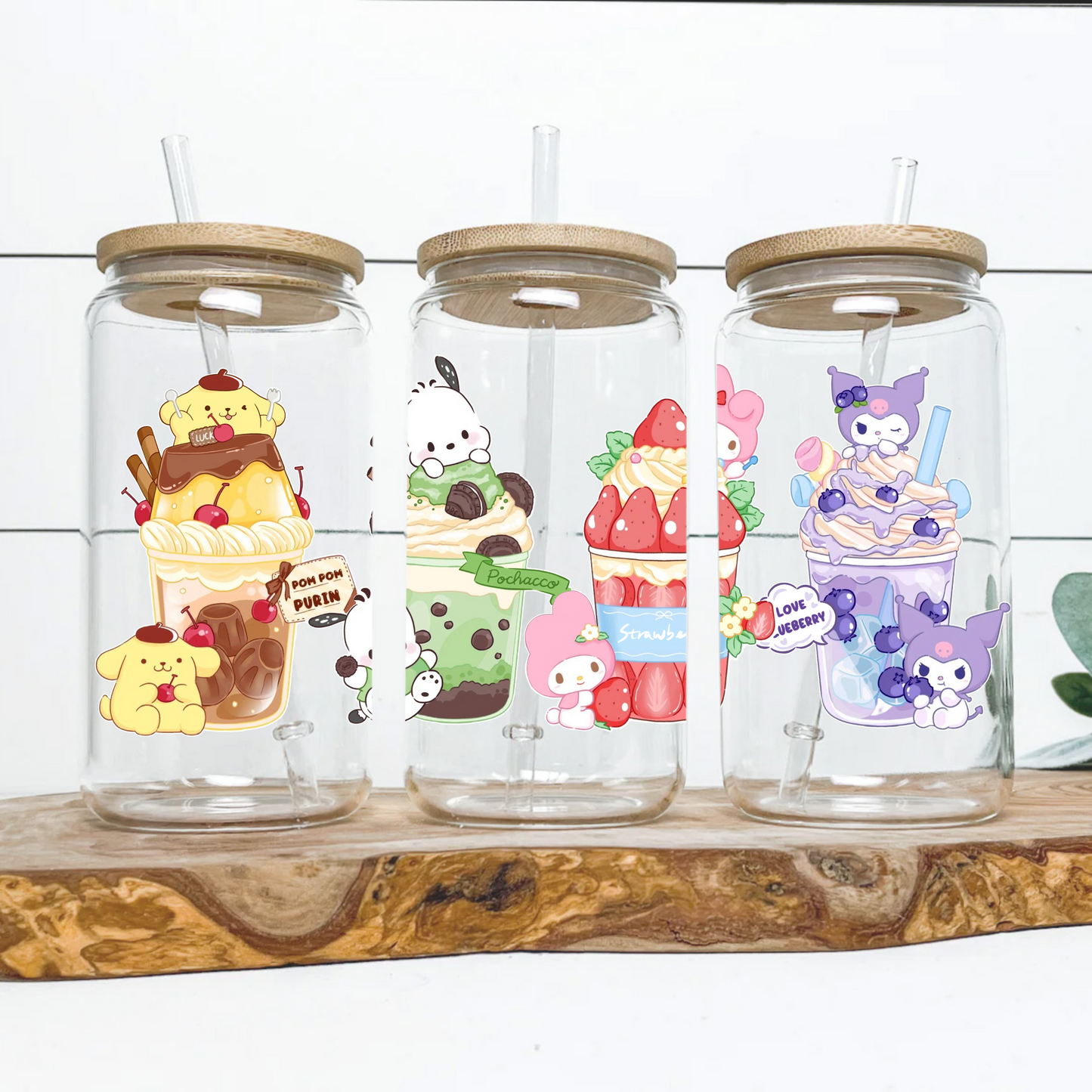 Sanrio Ice cream cup Anime 16oz Beer Can Glass with Straw and Lid