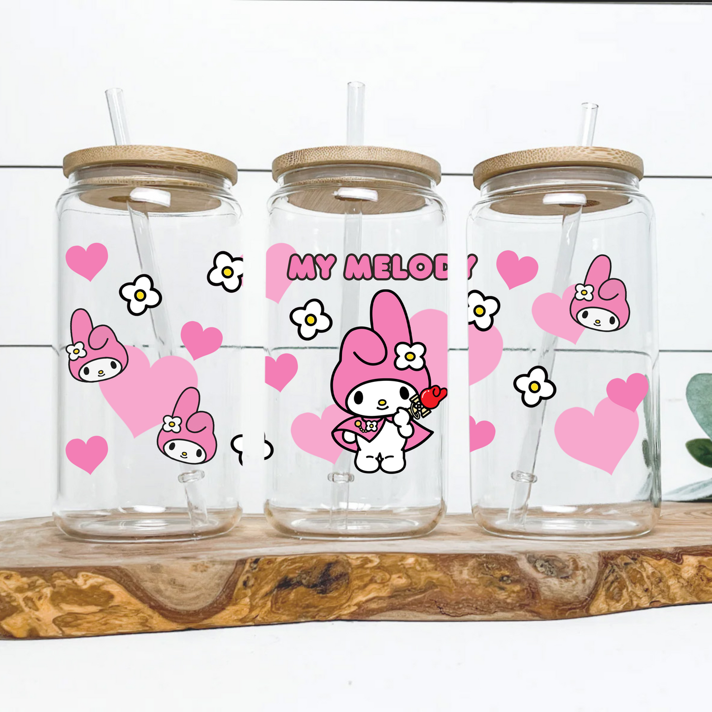 My Melody with Hearts Anime 16oz Beer Can Glass with Straw and Lid