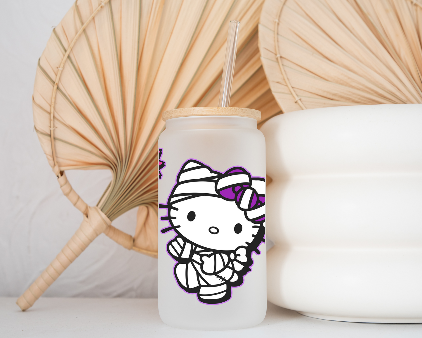 Sanrio-Halloween Hello Kitty Anime 16oz Beer Can Glass with Straw and Lid