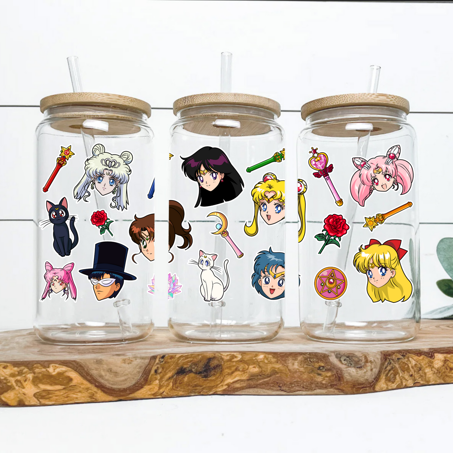 Sailor Moon Anime 16oz Beer Can Glass with Straw and Lid