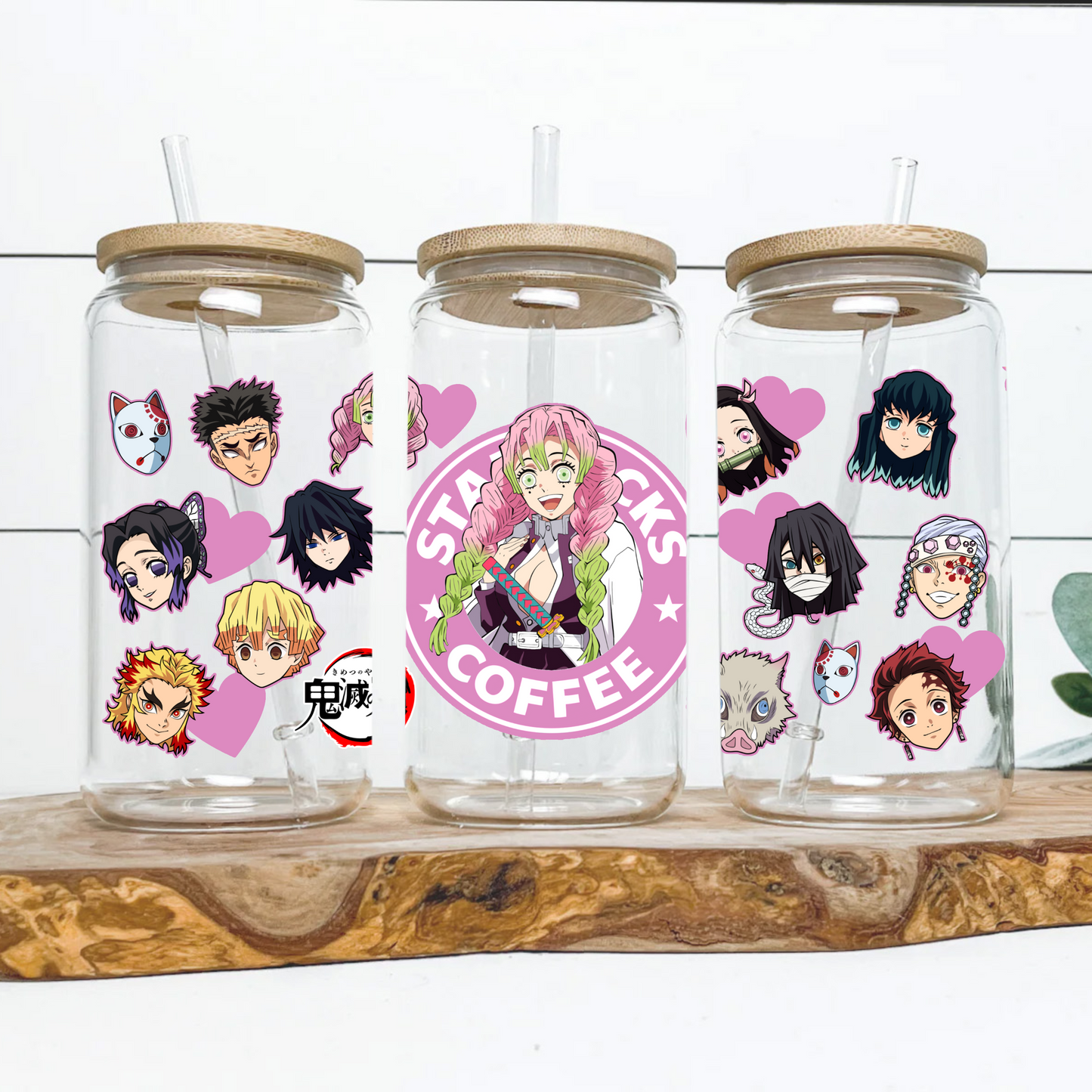 Demon Slayer- Mitsuri Kanroji Anime 16oz Beer Can Glass with Straw and Lid
