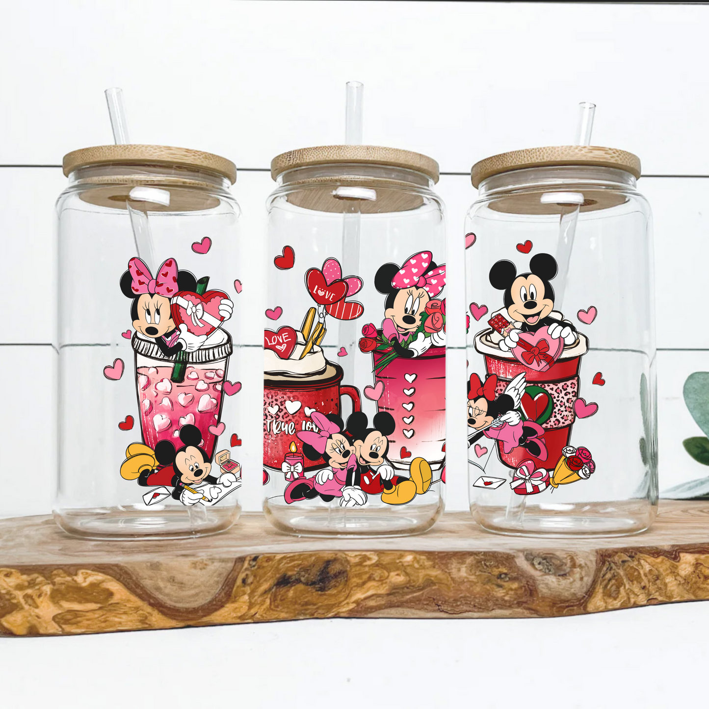 Disney Mickey and Minnie mouse Anime 16oz Beer Can Glass with Straw and Lid