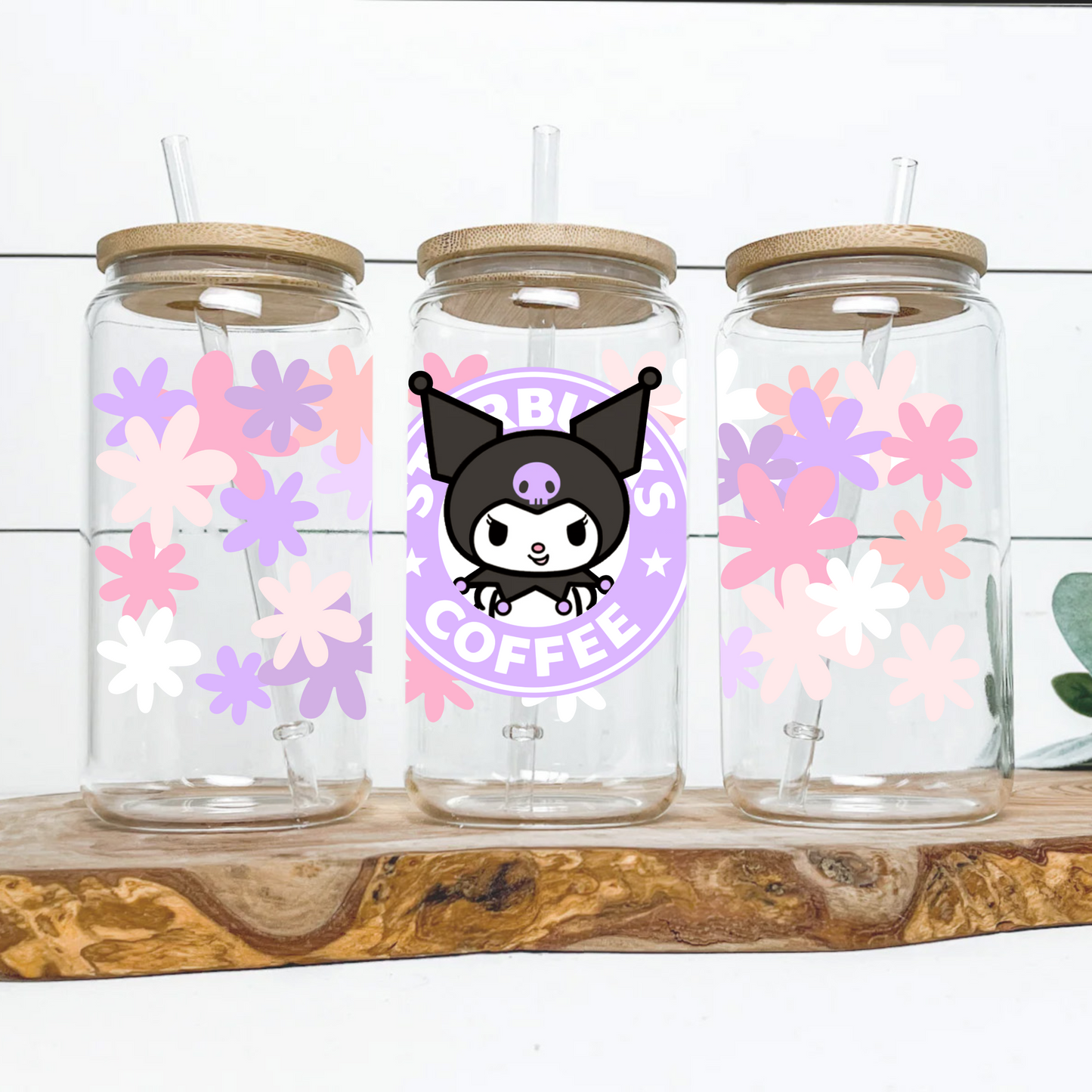 Kuromi with Flowers Anime 16oz Beer Can Glass with Straw and Lid