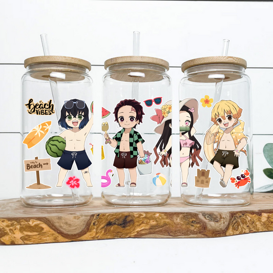 Demon Slayer- Summer Time Anime 16oz Beer Can Glass with Straw and Lid