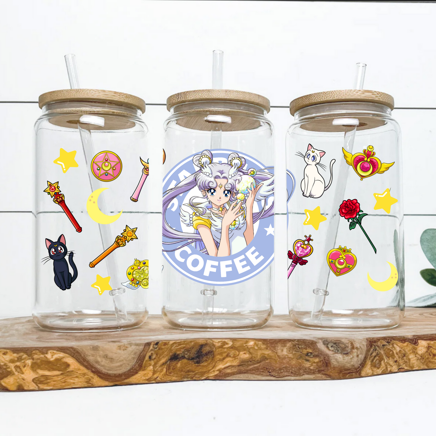 Sailor Moon purple Anime 16oz Beer Can Glass with Straw and Lid