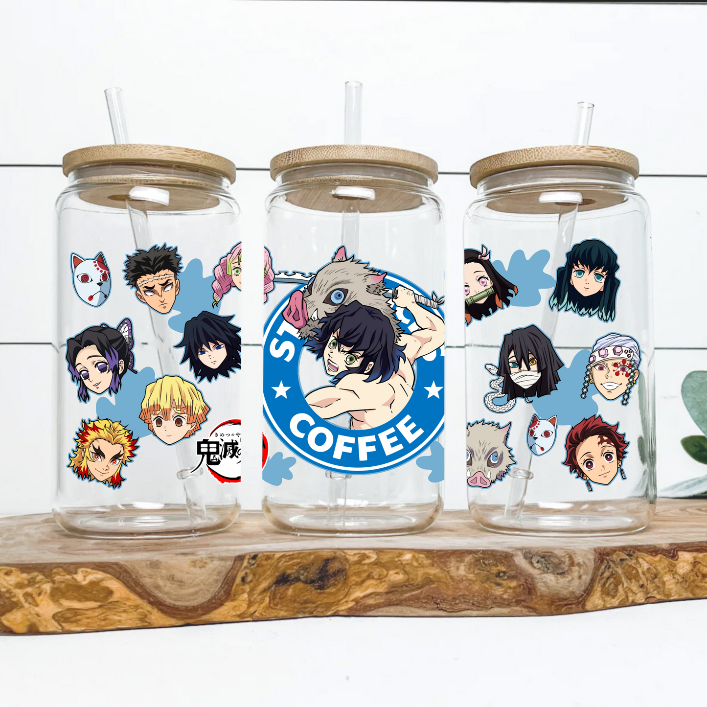 Demon Slayer-Inosuke Anime 16oz Beer Can Glass with Straw and Lid