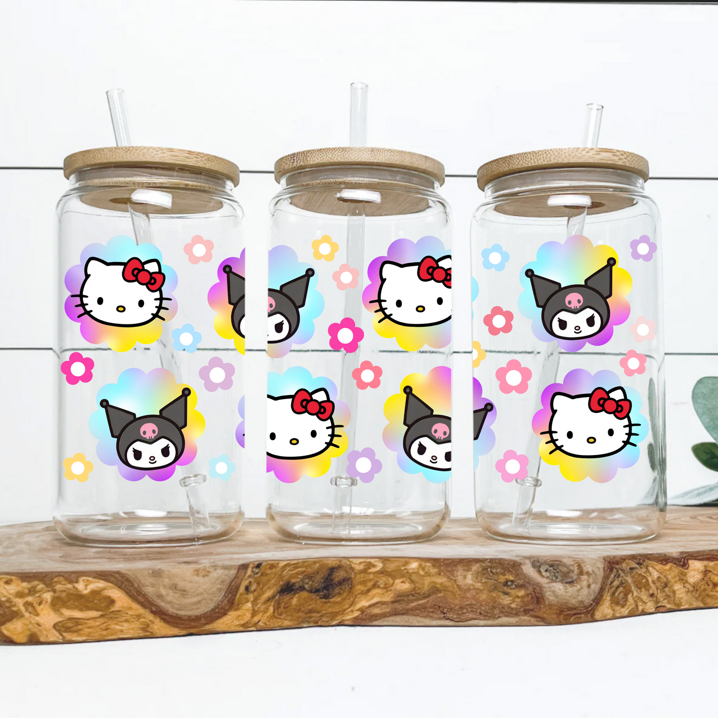 Hello Kitty & Kuromi Rainbow Flower Anime 16oz Beer Can Glass with Straw and Lid