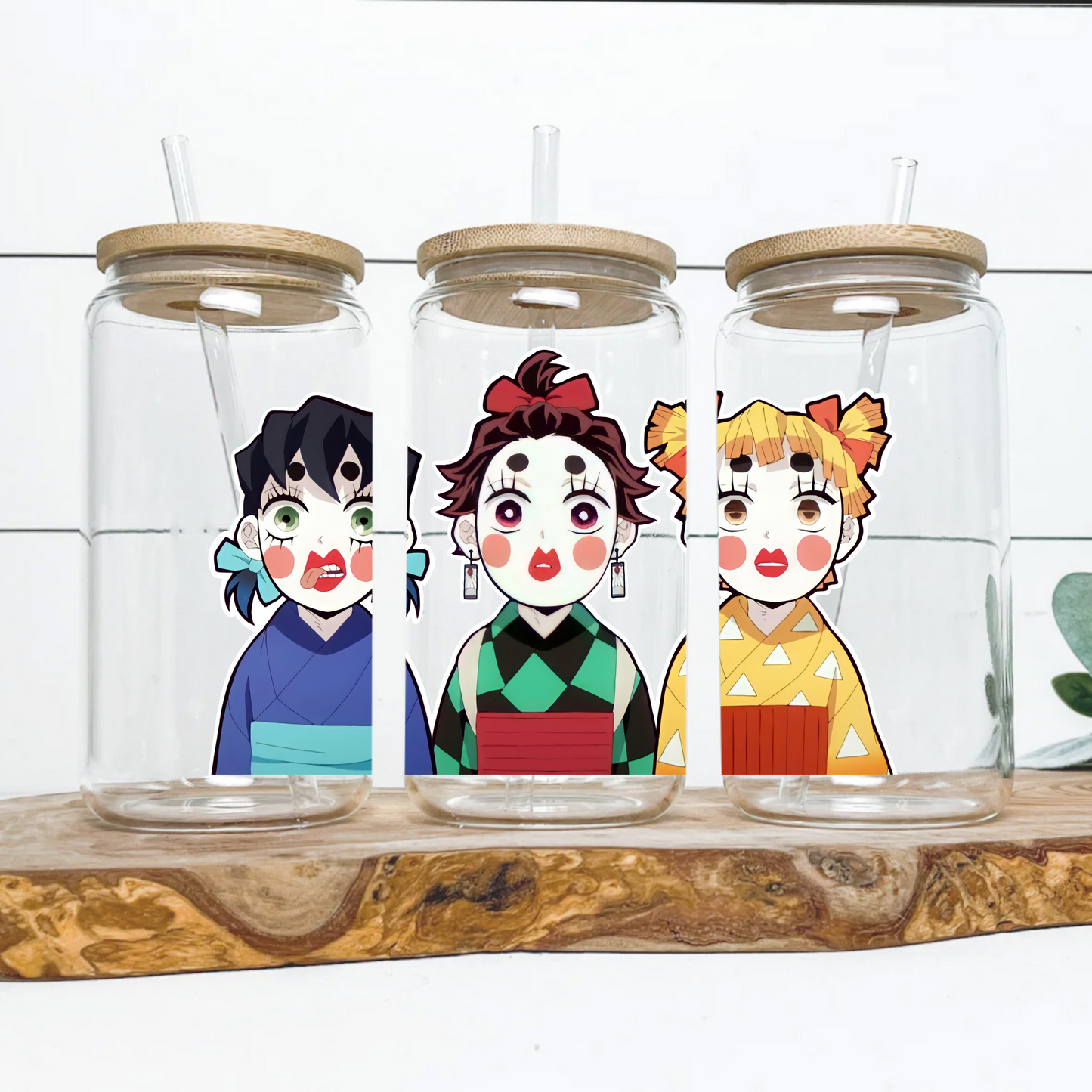 Demon Slayer Tanjiro, Zenitsu & InosukeAnime 16oz Beer Can Glass with Straw and Lid