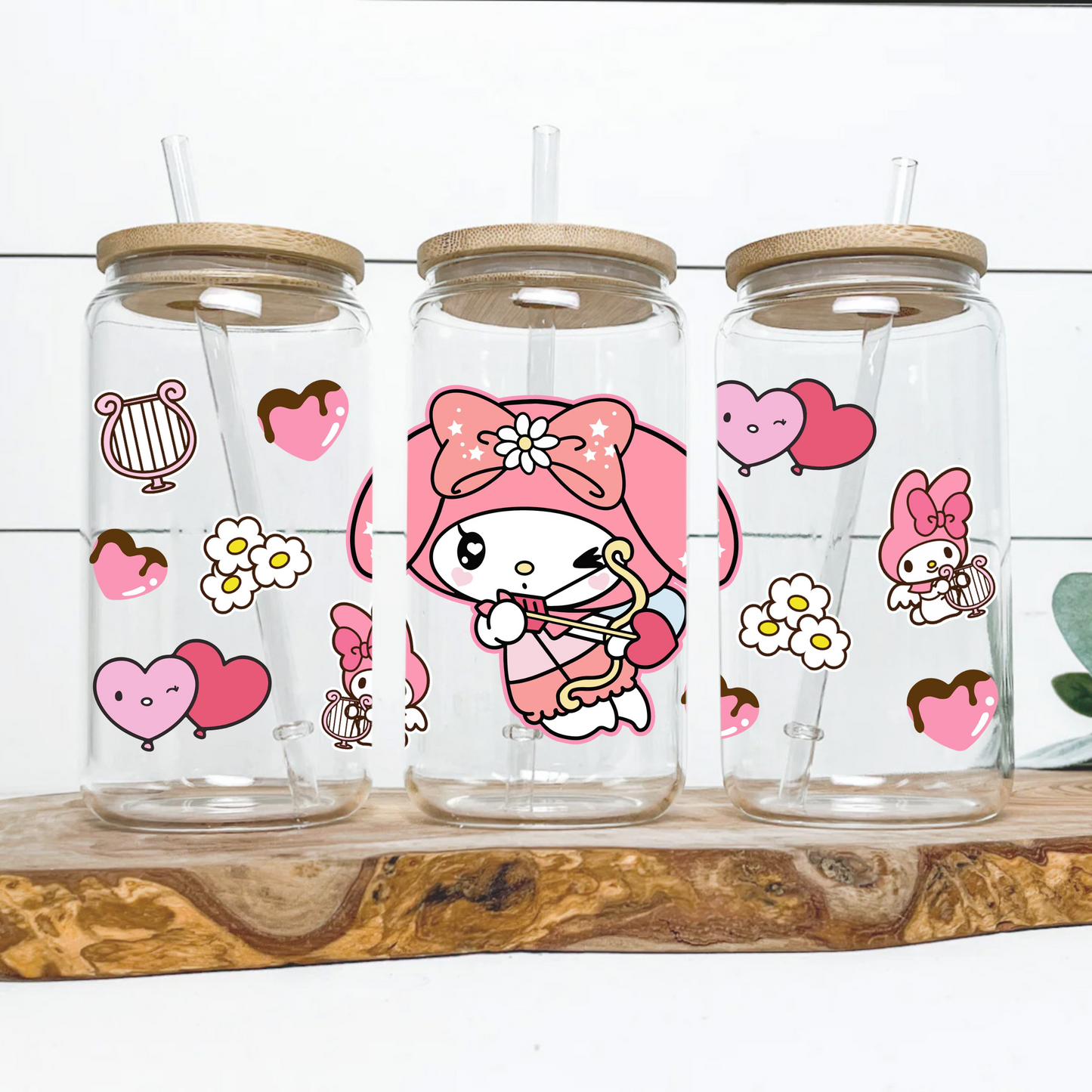 My melody love cupid Anime 16oz Beer Can Glass with Straw and Lid