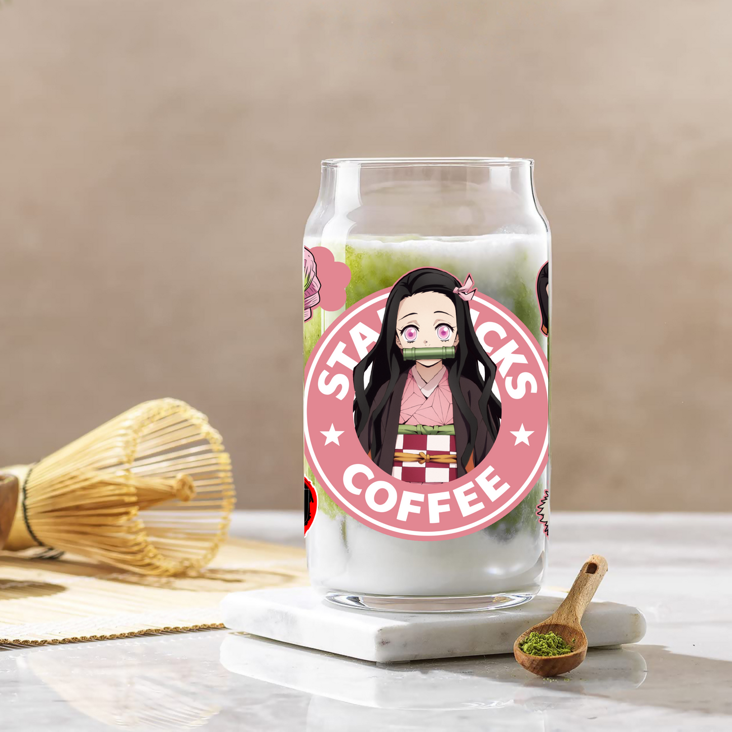 Demon Slayer- Nezuko Kamado Anime 16oz Beer Can Glass with Straw and Lid