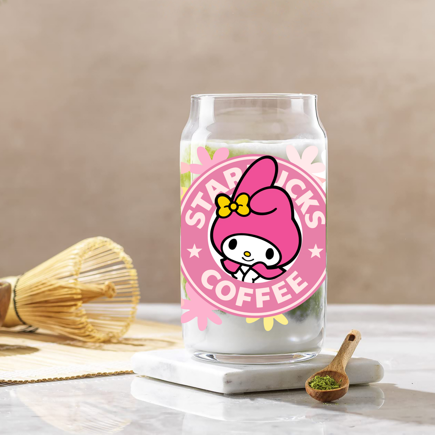 My Melody with Flowers Anime 16oz Beer Can Glass with Straw and Lid