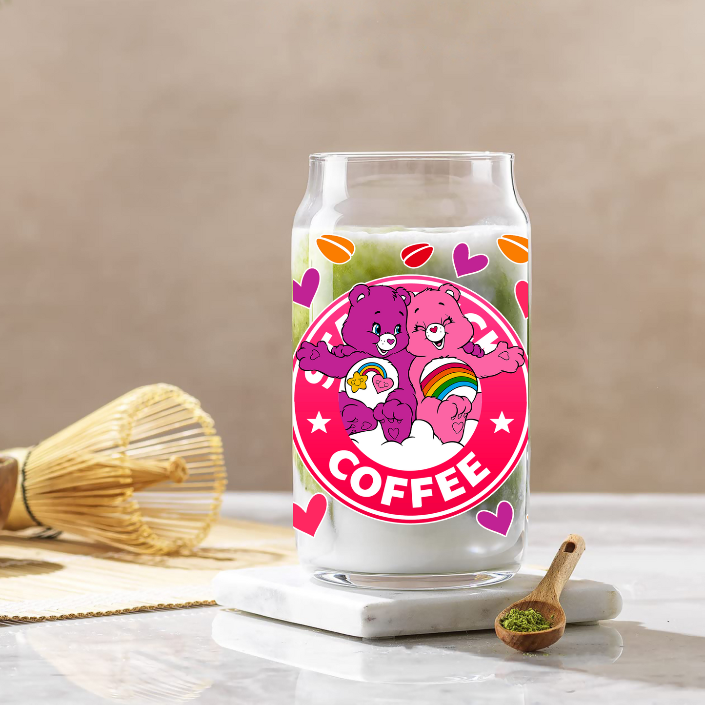 Care Bear Starbucks Coffee Anime 16oz Beer Can Glass with Straw and Lid