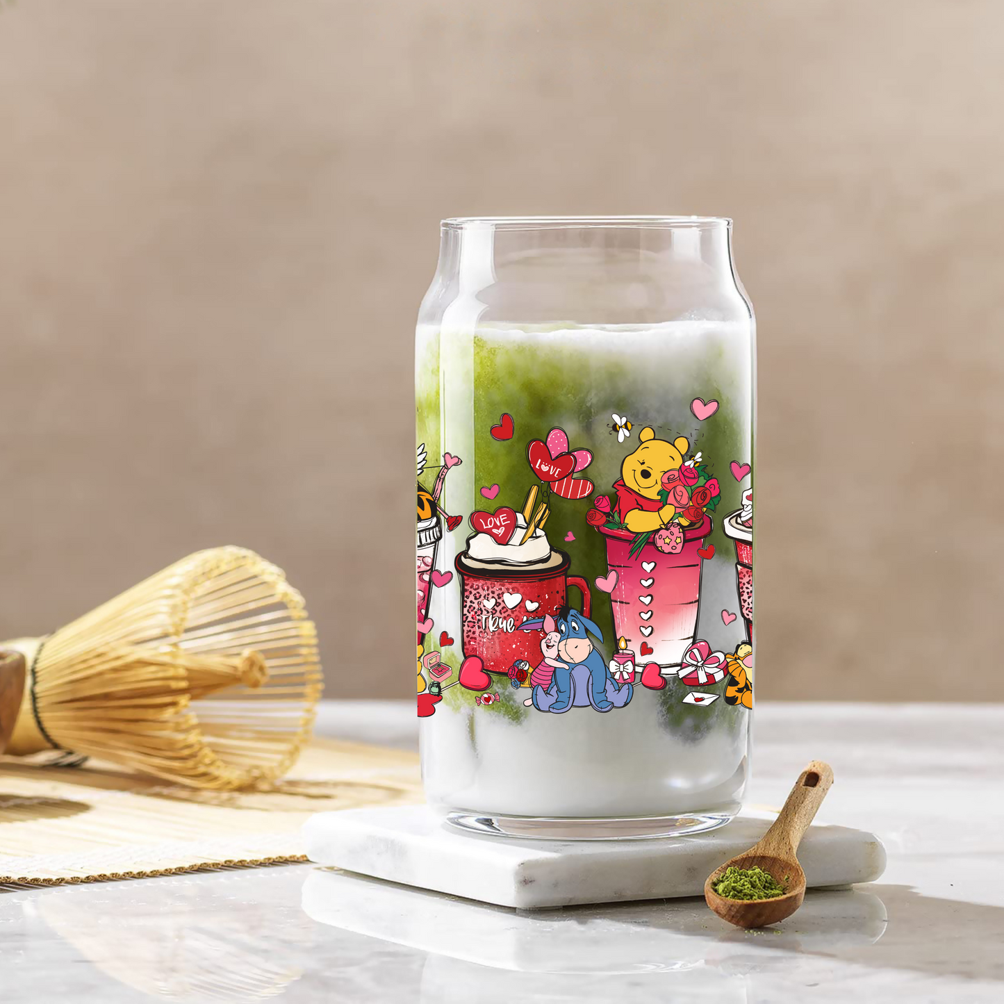 Disney Winnie The Pooh love cup Anime 16oz Beer Can Glass with Straw and Lid