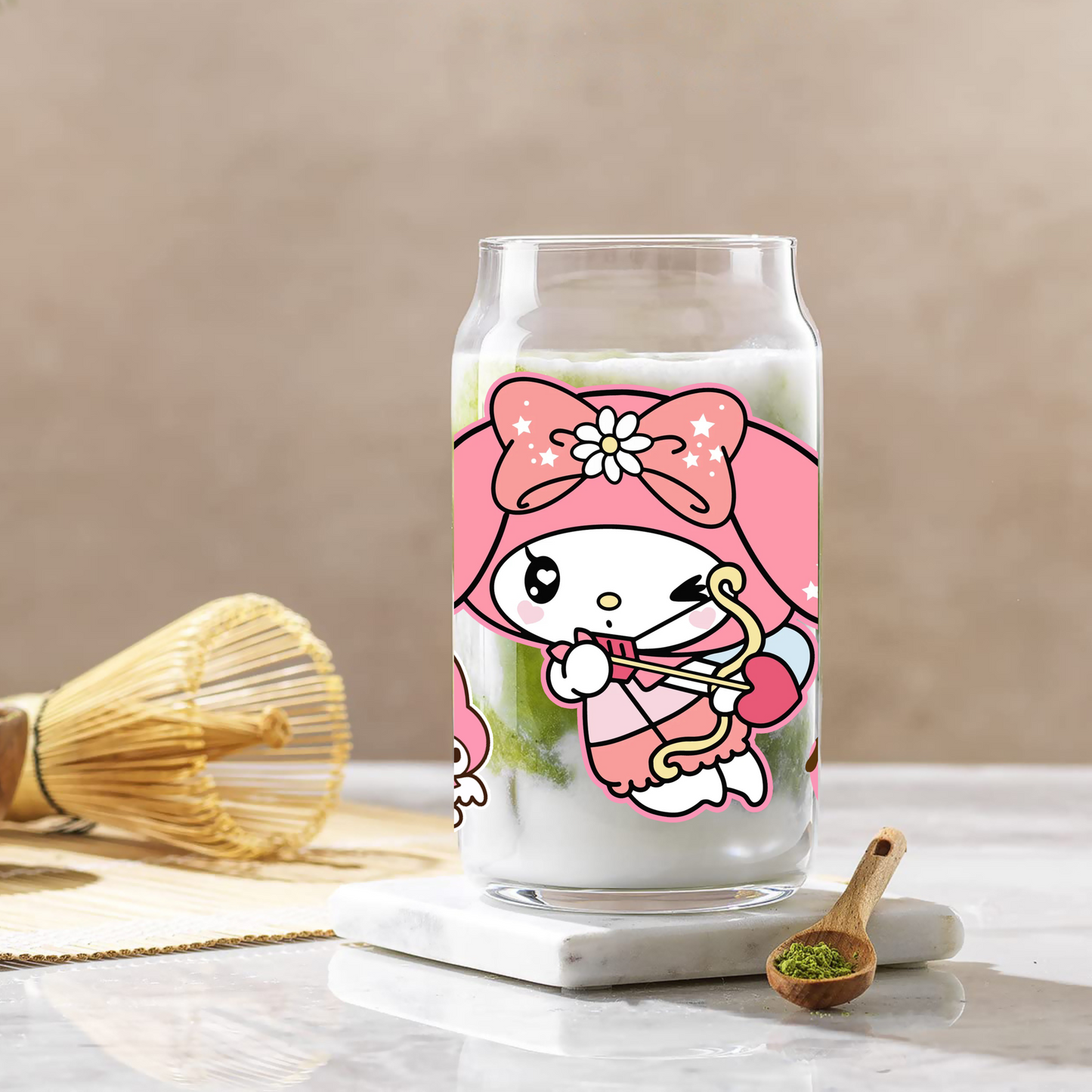 My melody love cupid Anime 16oz Beer Can Glass with Straw and Lid