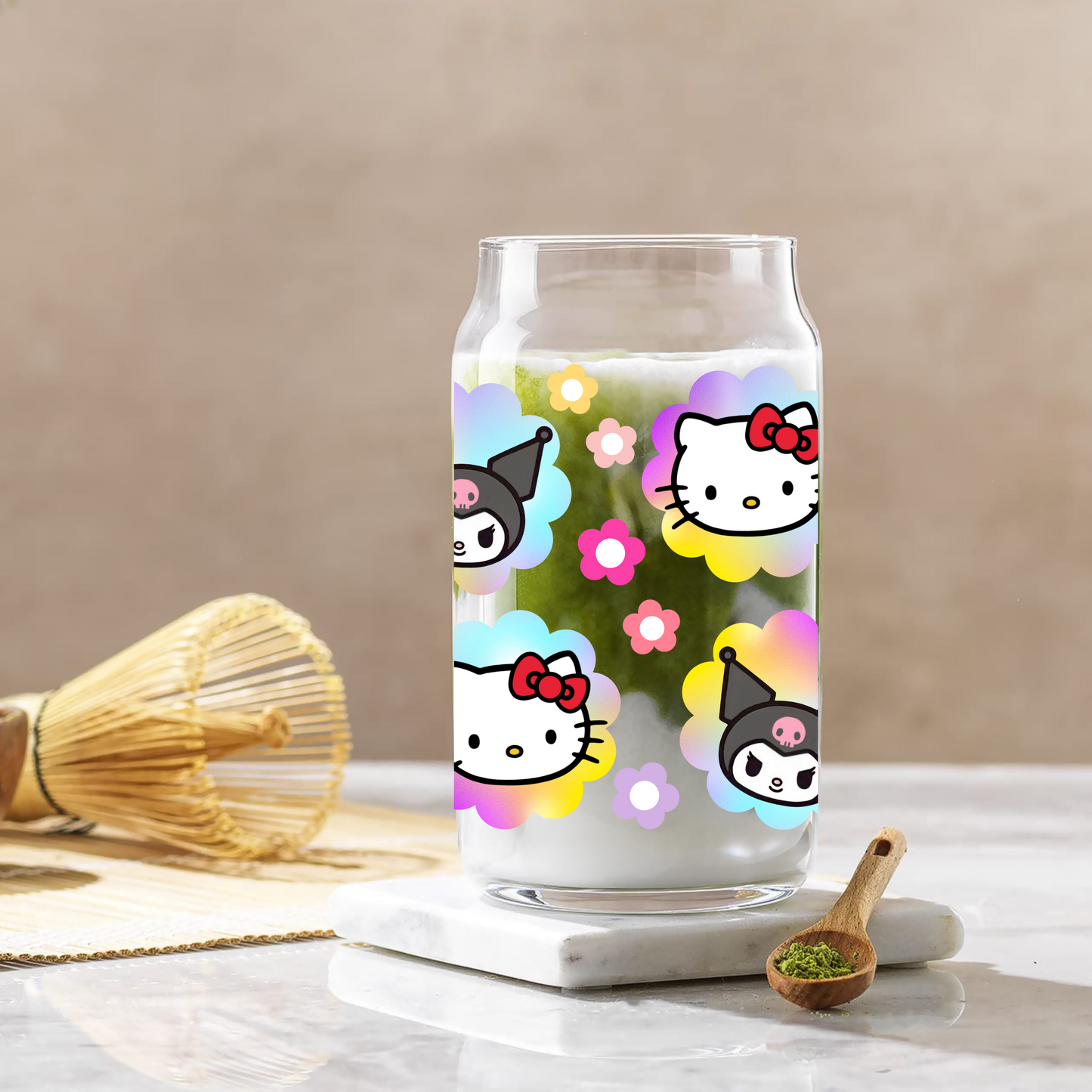 Hello Kitty & Kuromi Rainbow Flower Anime 16oz Beer Can Glass with Straw and Lid