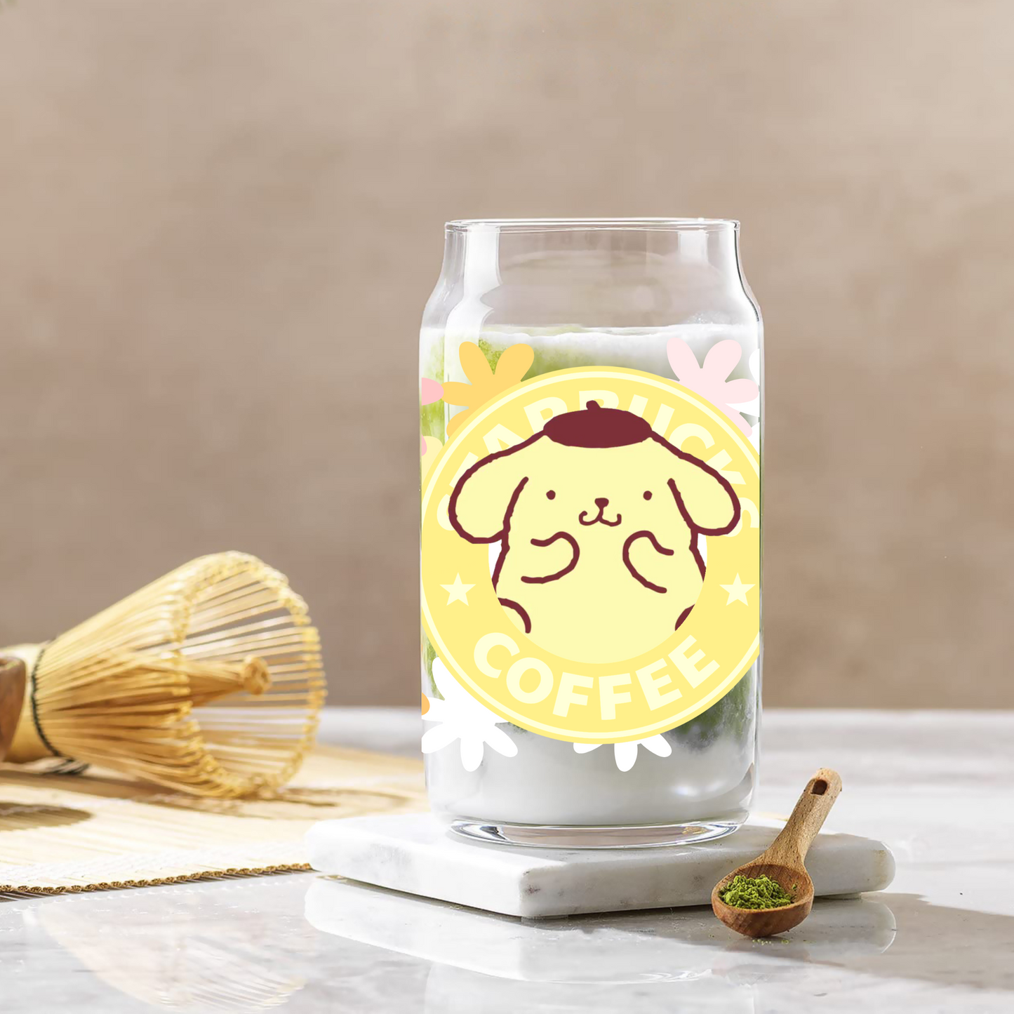 Pompompurin with flowers Anime 16oz Beer Can Glass with Straw and Lid