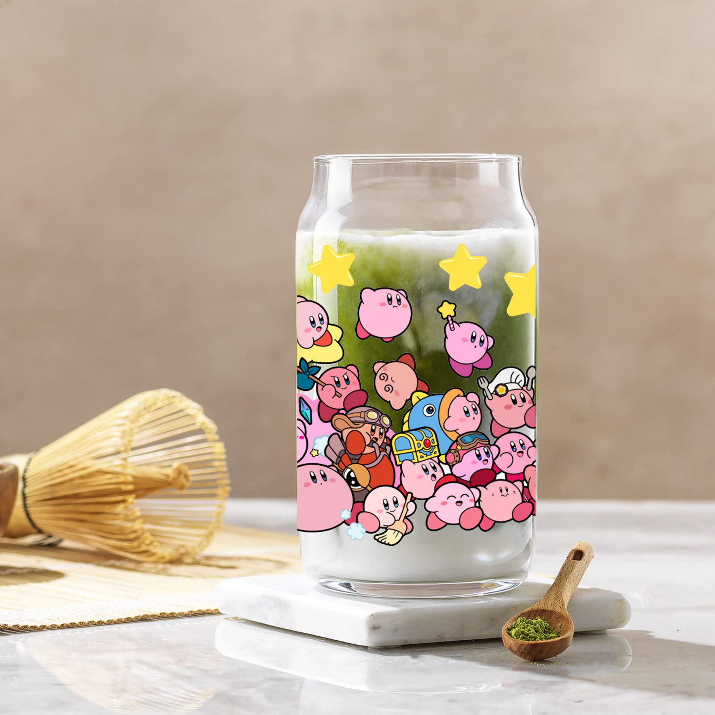 Kirby with Stars Anime 16oz Beer Can Glass with Straw and Lid