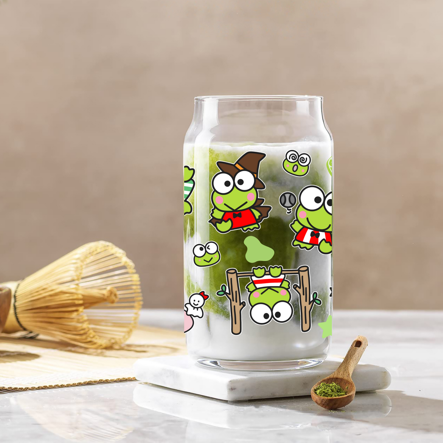 Keroppi Anime 16oz Beer Can Glass with Straw and Lid